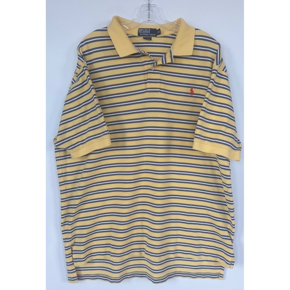Polo Ralph Lauren Mens XXL Yellow Navy Blue Striped Cotton Pique Polo Shirt